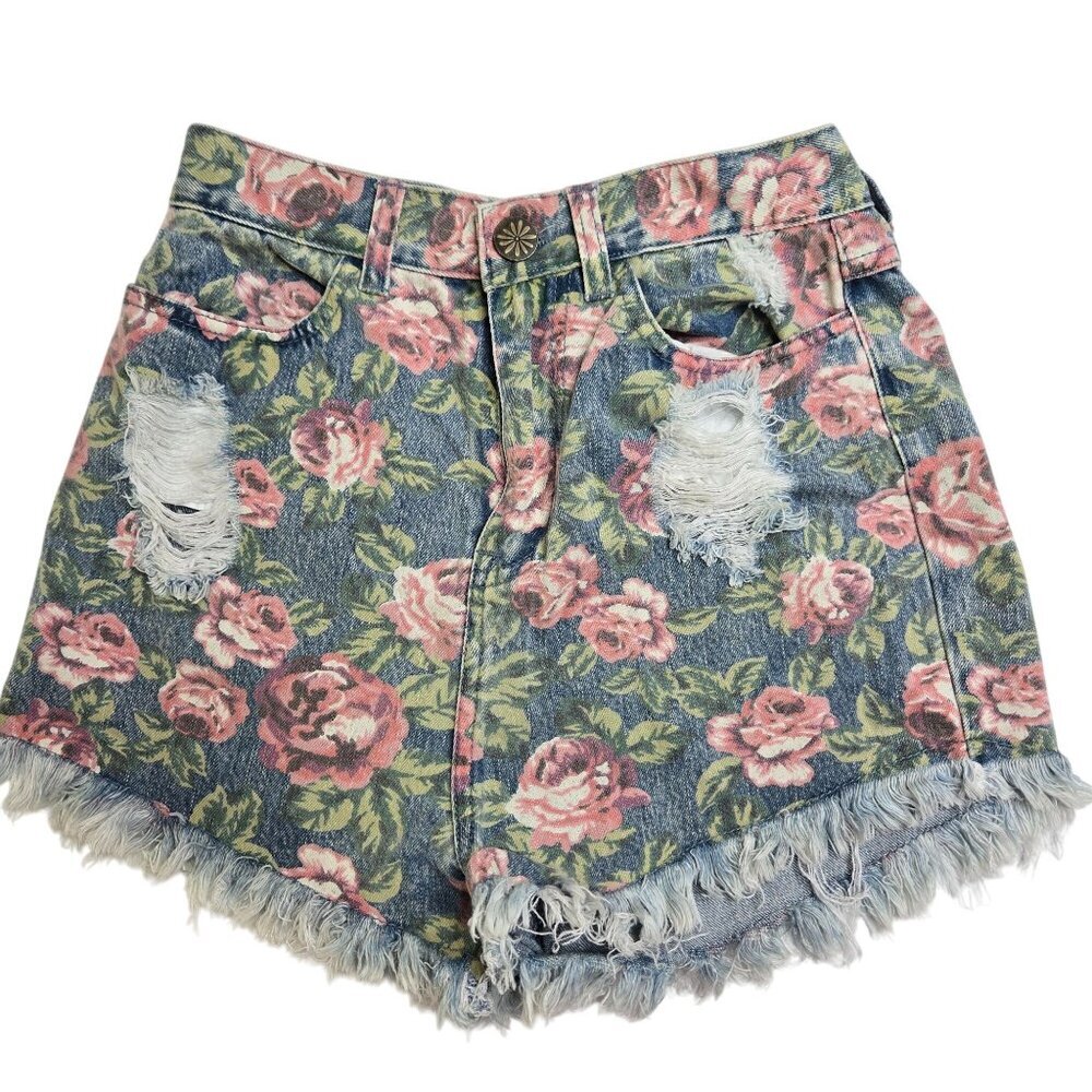 Mumu Toledo Tear Drop Cutoff denim Shorts Women‎ 25 Bella Rose Blue Pink Cottage